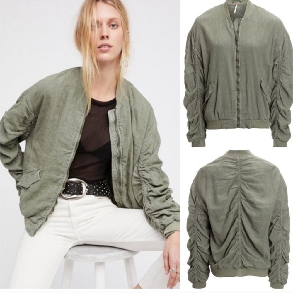 Free People Linen Ruched Bomber Jacket